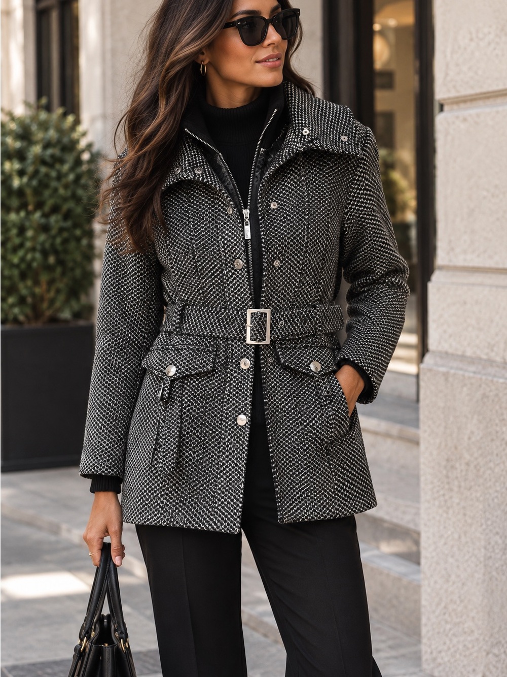 Guess Black & White Tweed Belted Pea Coat